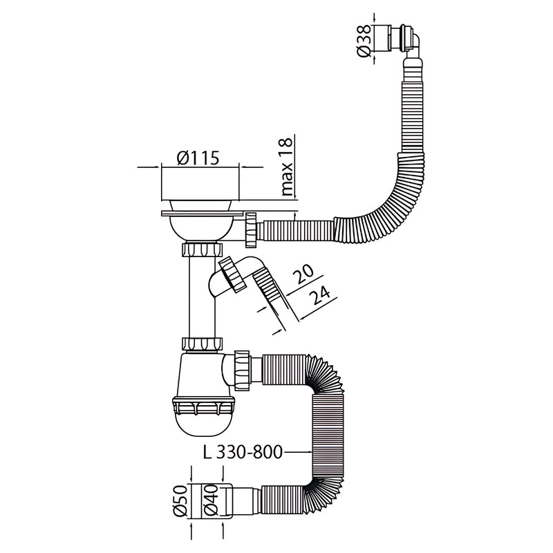 Сифон для кухні MIXXUS SK-06-BL 3 1/2"x40 з пластиковою чорною сіткою, відводом для пральної машини, гнучким круглим переливом (MI8196)