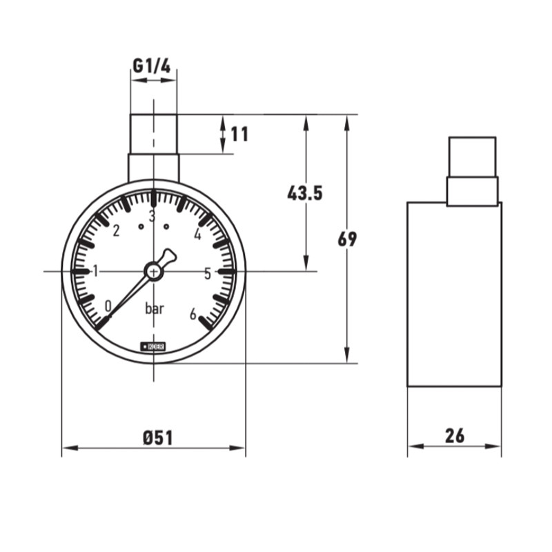 Манометр радіальний KOER KM.630R 1/4'' (D 50мм 0-6 bar, різьба зверху корпусу) (KR4762)