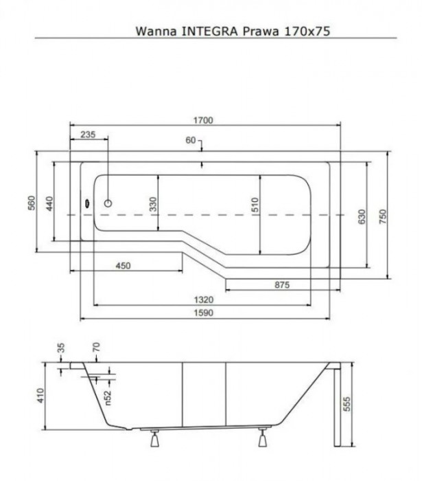 Ванна акрилова INTEGRA 170х75 Права (соло) без ніг