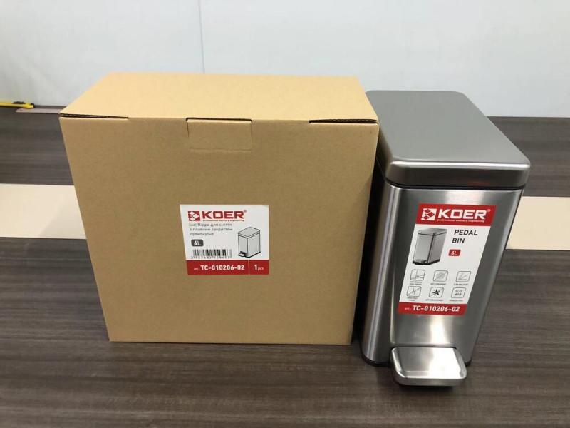 Відро для сміття з плавним закриттям прямокутне KOER TC-010206-02 6 л (колір нержавійка) (KR5594)
