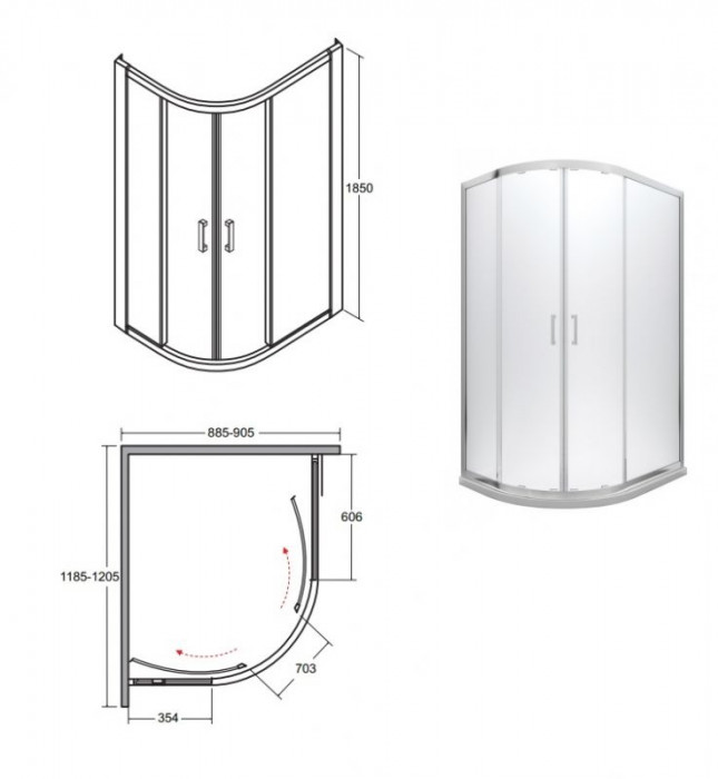 Кабіна асиметрична MODERN 120x90x185 універсальна: скло mrozone, профіль хромований