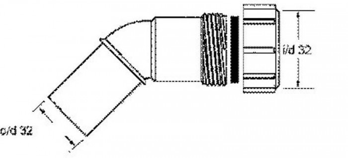 Колено пластиковое 45° ∅32 с гайкой 32D-WH