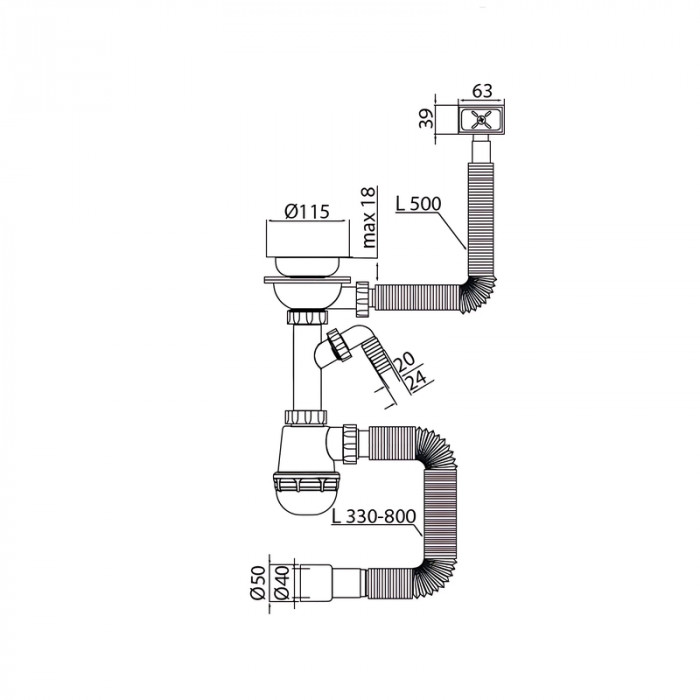 Сифон для кухні Mixxus SK-05-WH 3 1/2"x40 з пластиковою сіткою, відведенням для пральної машини, гнучким прямок. переливом (MI8193)