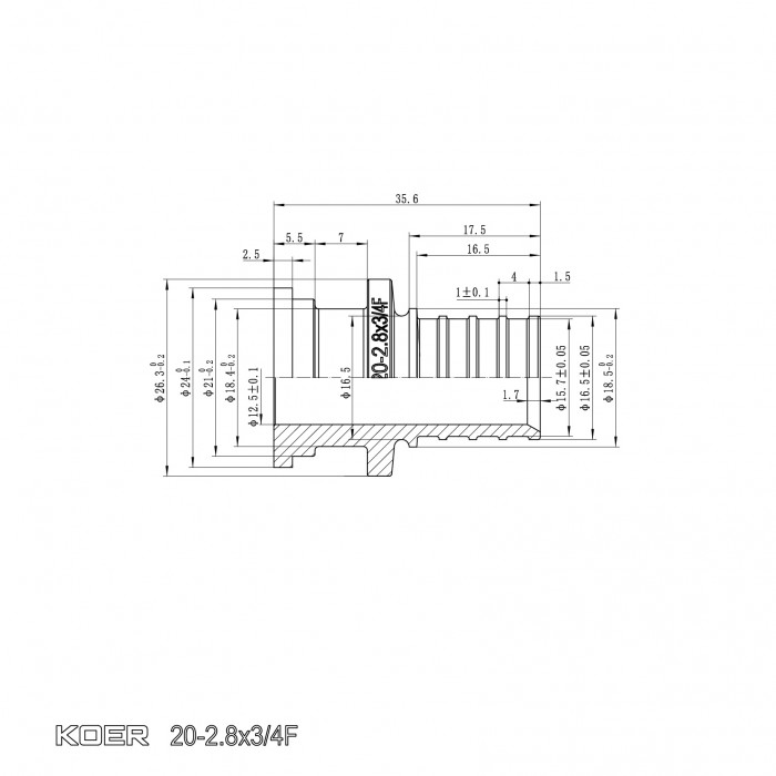 Перехідник з накидною гайкою під плоске ущільнення Koer KA.A08F-20S - 20(2.8mm) x 3/4"F (KR4867)