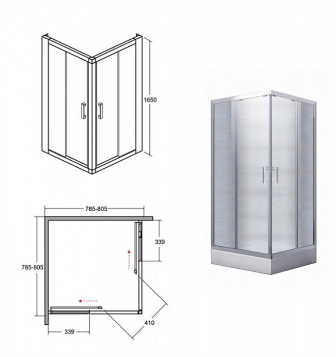 Кабіна квадратна MODERN 80x80x165 скло mrozone, профіль хромований