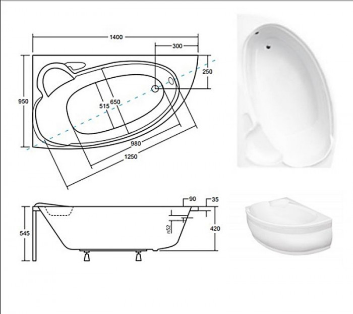Ванна акрилова WENUS FINEZJA 140х95 Ліва (соло) без ніг і обудови