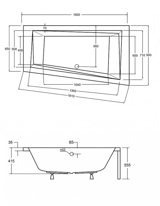 Ванна акрилова INTIMA 160x90 Права (соло) без ніг