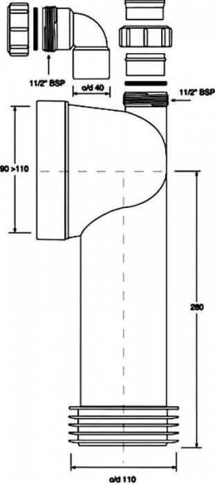 Колено-подключение к WC длинное 275мм под углом 90/выход 40 мм WC-CON8D