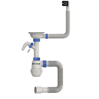 Сифон для кухні Mixxus SK-02-B 3 1/2&quot;x40 з нерж.сіткою, відведенням для пральної машини, гнучким прямок. переливом (MI8195)