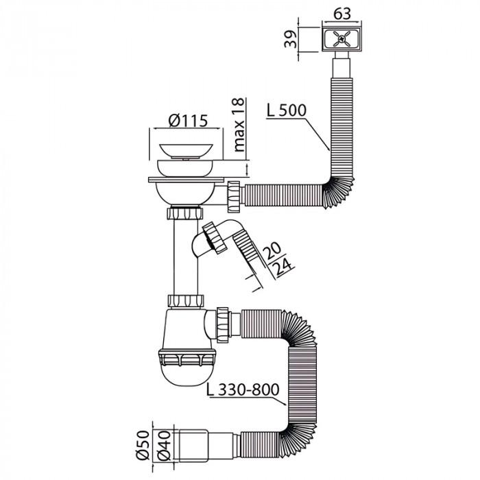 Сифон для кухні Mixxus SK-02-B 3 1/2"x40 з нерж.сіткою, відведенням для пральної машини, гнучким прямок. переливом (MI8195)