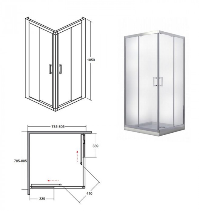 Кабіна квадратна MODERN 80x80x185: скло grigio, профіль хромований