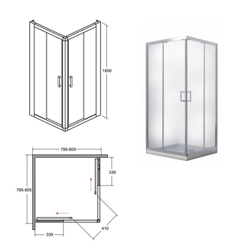 Кабина квадратная MODERN 80x80x185: стекло grigio, профиль хромированный