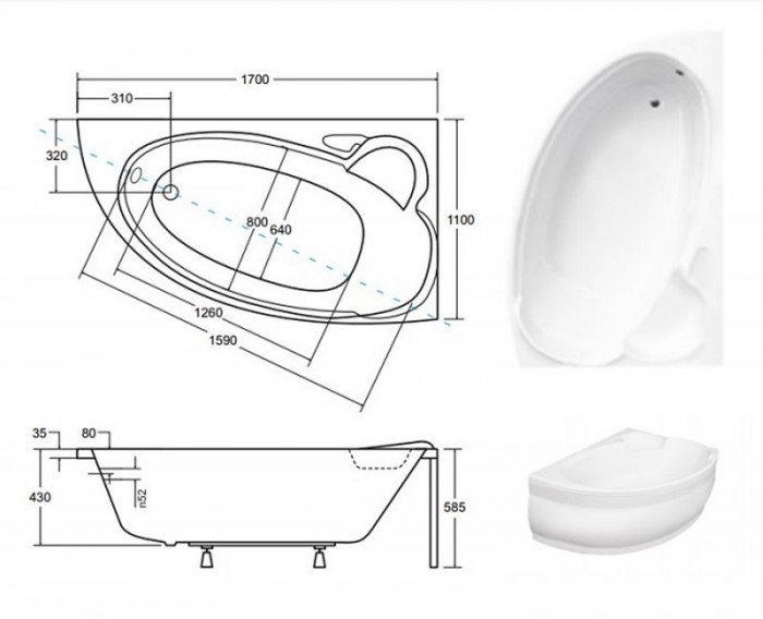 Ванна акрилова WENUS FINEZJA MAXI 170х110 Права (соло) без ніг і обудови