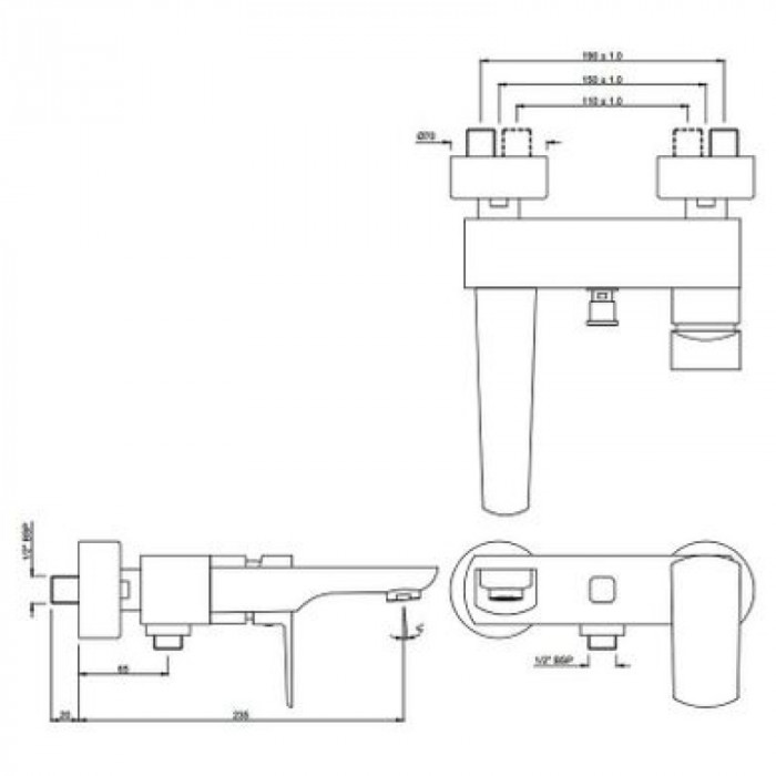 Змішувач для ванни JAQUAR Kubix Prime настінний, одноважільний, хром KUP-CHR-35119PM