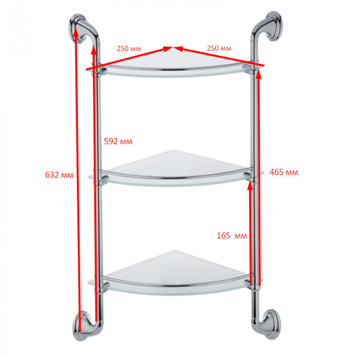 Скляна полиця кутова 3-ярусна Zerix LR1507-3 (LL1409)