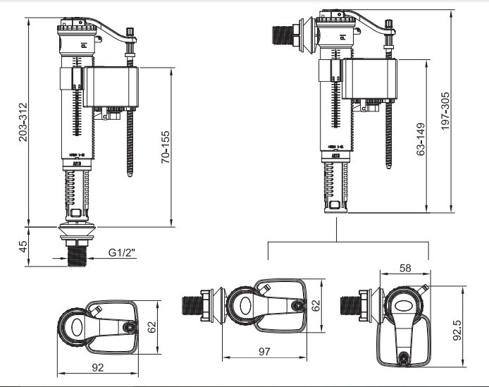 Арматура наповнювальна Koer KT-0102-1/2" з універсальним підключенням та пластиковим різьбленням 1/2" (KR5330)