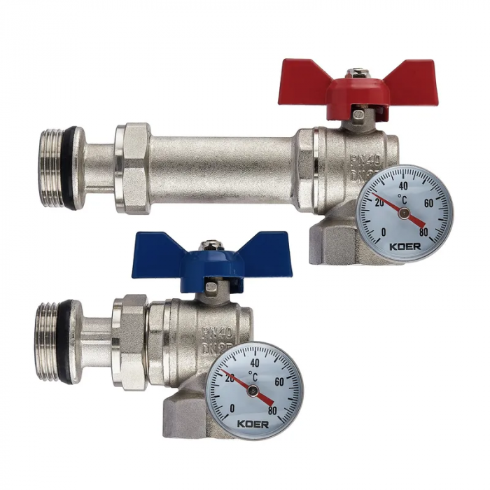 Комплект кранів Koer Set-26 - 1" з роз'ємним з'єднанням та термометром для колекторної групи (KR5470)