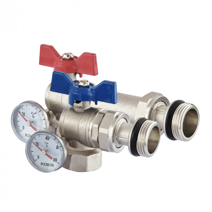 Комплект кранів Koer Set-26 - 1" з роз'ємним з'єднанням та термометром для колекторної групи (KR5470)