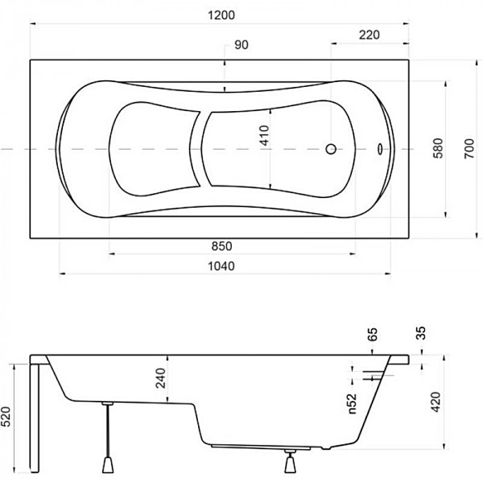 Ванна акрилова ARIA REHAB 120х70 без обудови і ніг / БЕЗ отворів під ручки