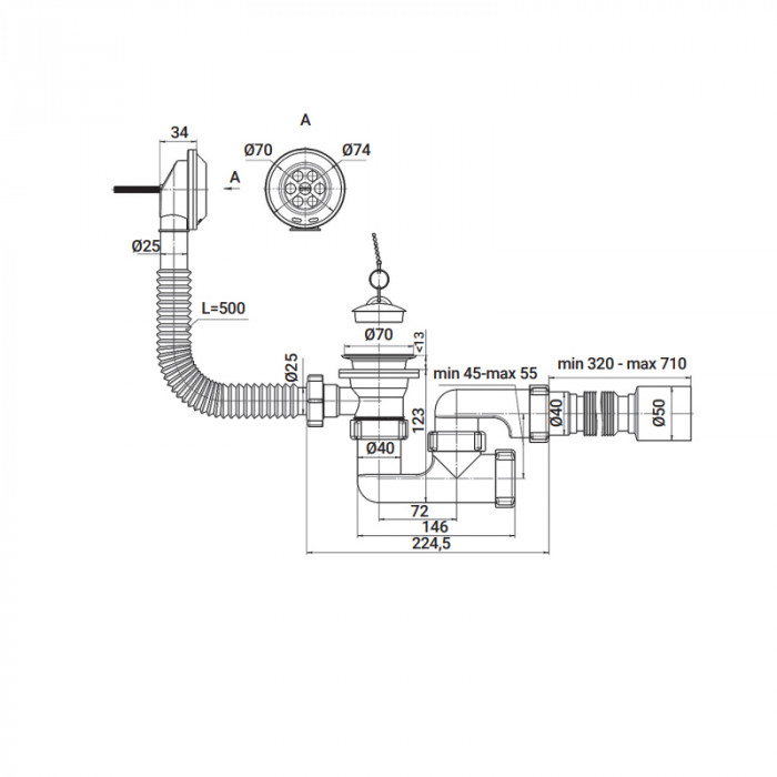 Сифон для ванни Zerix SV-02-A з пробкою з переливом, з ревізією (Колір білий) 1 1/2'' (ZX4958)