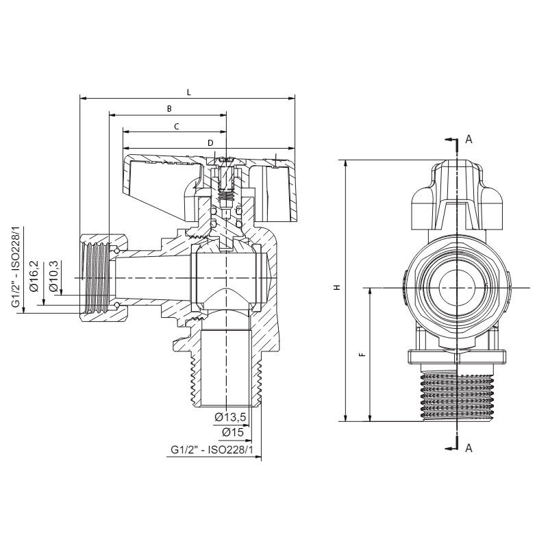Кран кульовий Roho R116-050 -1/2"х1/2" ВЗ кутовий Н/Г, ручка "метелик" червона (RO0235)