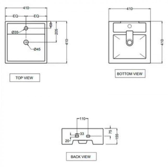 Раковина JAQUAR Continental накладна 410x410 мм, біла CNS-WHT-905
