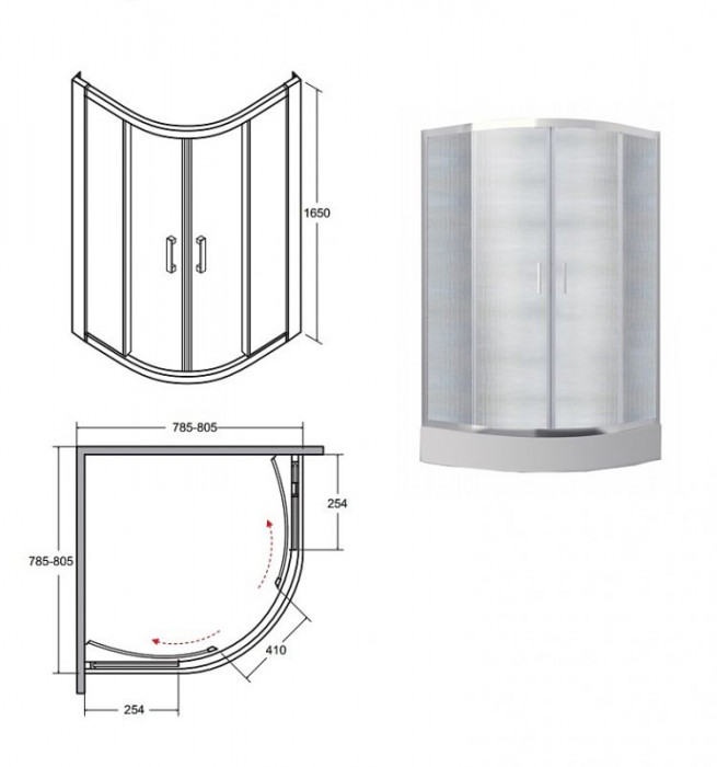 Кабіна півкругла MODERN 80x80x165 універсальна: скло прозоре, профіль хромований