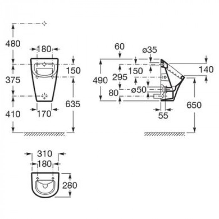 Пісуар ROCA Nexo без сидіння, підведення води ззаду, з нижнім випуском води, білий A35364L000