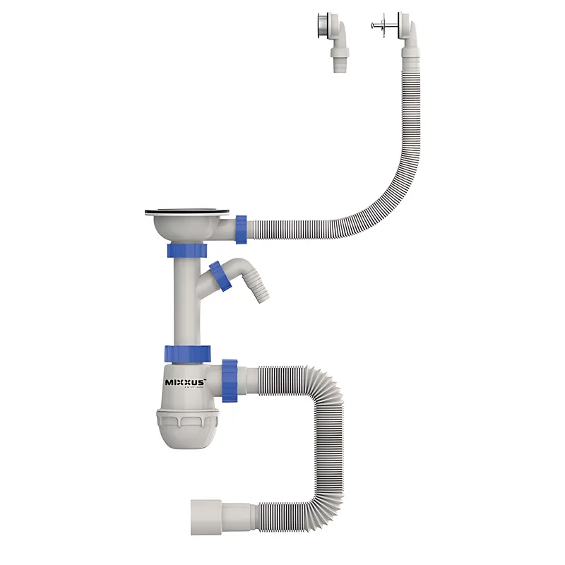 Сифон для кухні MIXXUS SK-07-B 3 1/2"x40 з нержавіючою сіткою, відводом для пральної машини, гнучким круглим переливом (MI8199)