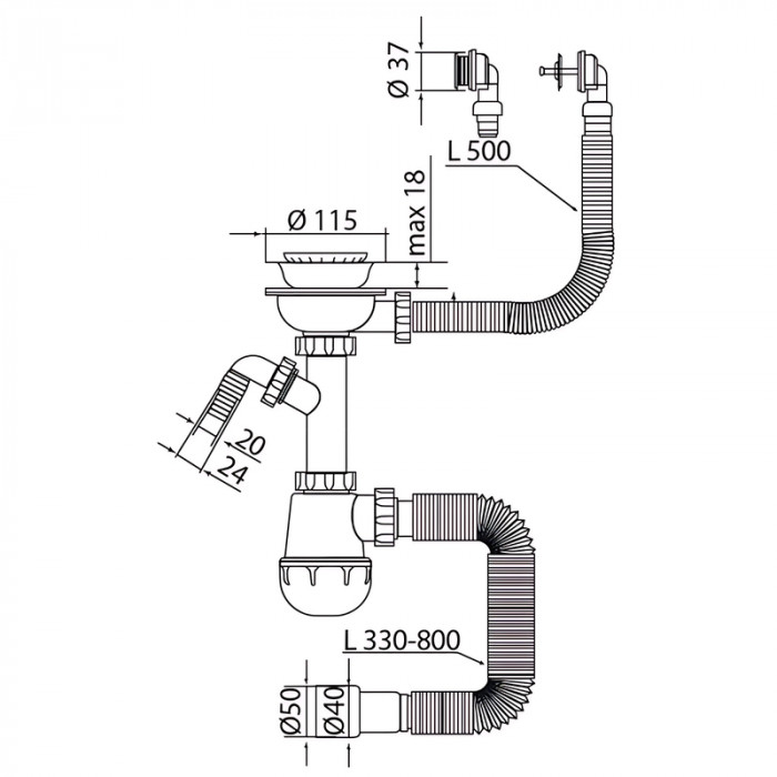 Сифон для кухні Mixxus SK-07-B 3 1/2"x40 з нерж.сіткою, відведенням для пральної машини, гнучким круг. переливом (MI8199)