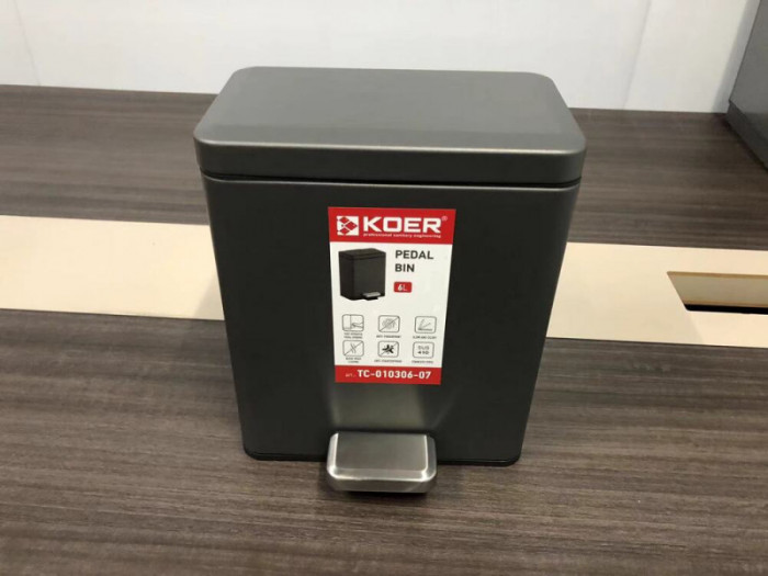 Відро для сміття з плавним закриттям прямокутне Koer TC-010306-07 6 л колір графіт (KR5602)