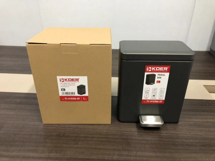 Відро для сміття з плавним закриттям прямокутне Koer TC-010306-07 6 л колір графіт (KR5602)