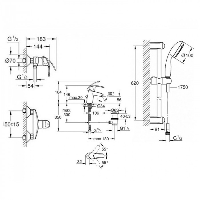 Комплект для душу, хром Grohe Eurosmart New (123576)