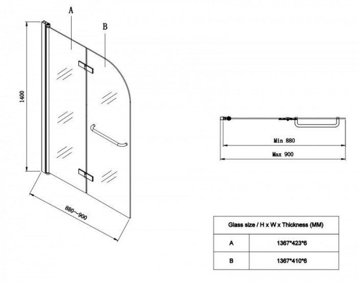 Шторки скляні на ванну Koer SR BS05-90x140-TR-01 прозоре скло Easy Clean 6мм, хром (KR5372)
