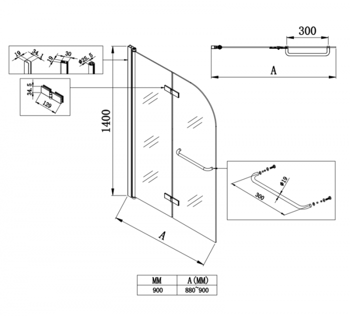 Шторки скляні на ванну Koer SR BS05-90x140-TR-01 прозоре скло Easy Clean 6мм, хром (KR5372)