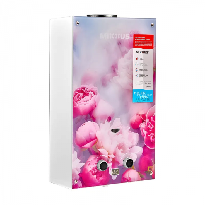 Газова колонка MIXXUS GWH-0410 BASIC GLASS димохідна 10 л/хв (панель зі скла з малюнком) (WH0025)