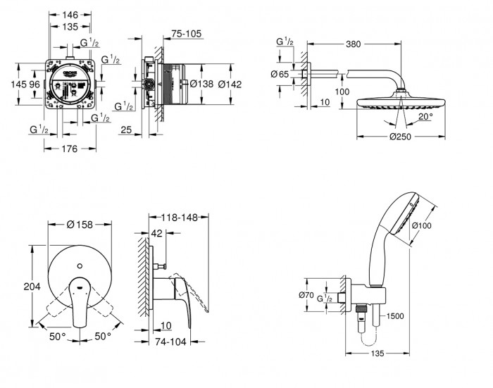 Душова система прихованого монтажу зі змішувачем Grohe Eurosmart New Tempesta 250 (UA26416SC3)