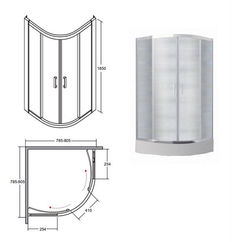 Кабина полукруглая MODERN 80x80x185 универсальная: стекло прозрачное, профиль хромированный