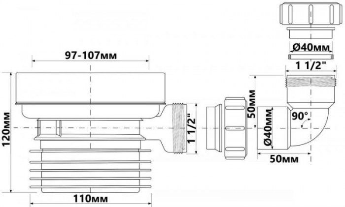 Колено-подключение к WC короткое 120 мм. простое (с отверстием – 40 мм.) WC-CON1D