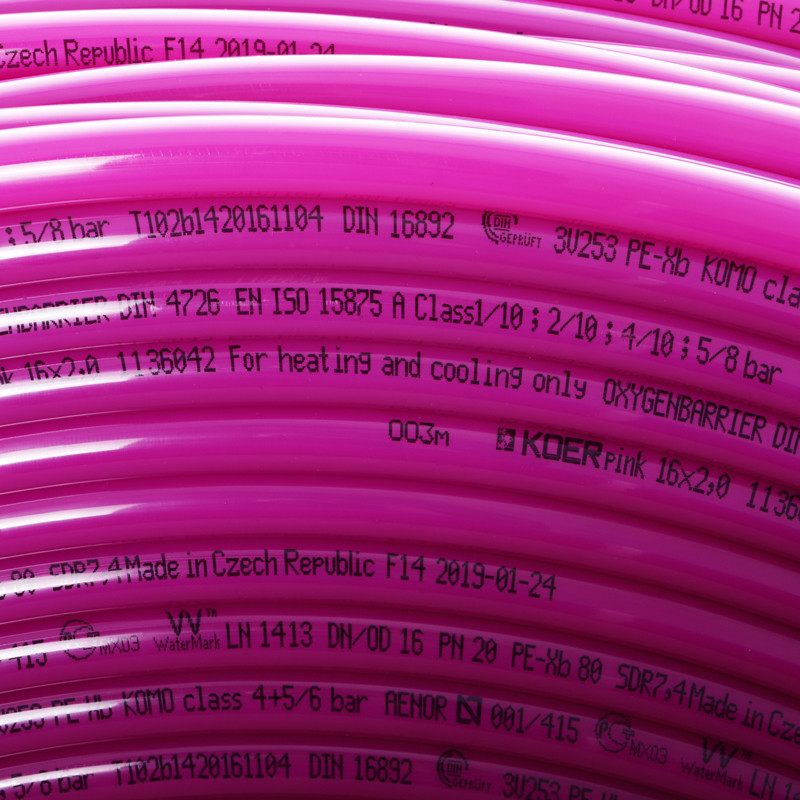 Труба для теплої підлоги з кисневим бар'єром Koer PEX-B EVOH 16 * 2,0 (pink) (400 м) (KR2852)