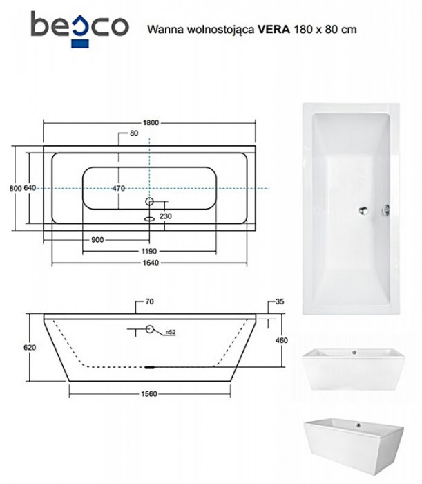 Ванна VERA ретро 180х80 з сифоном і обудовою