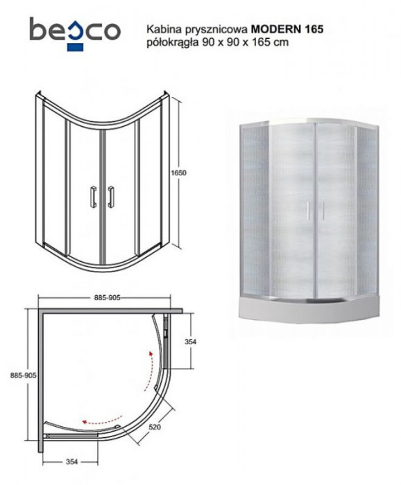 Кабіна півкругла MODERN 90x90x165 універсальна: скло mrozone, профіль хромований