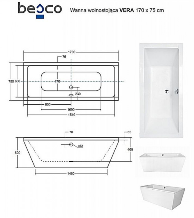 Ванна VERA ретро 170х75 з сифоном без обудови