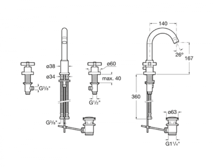 Змішувач для раковини ROCA Loft двовентильний, на 3 отвори, хром A5A4443C00