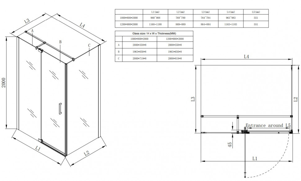 Душова кабіна без піддону Koer SR SC02-100x80x200-TR-01 прозоре скло Easy Clean 8мм, хром (KR5355)