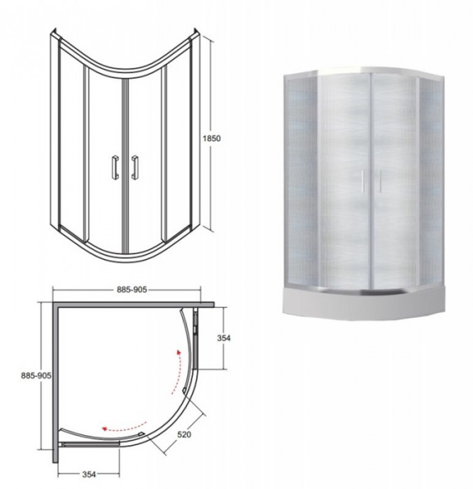 Кабіна півкругла MODERN 90x90x185 універсальна: скло mrozone, профіль хромований