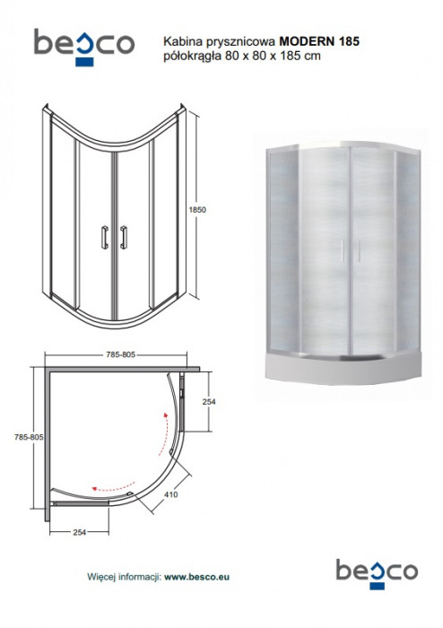 Кабіна півкругла MODERN 90x90x185 універсальна: скло прозоре, профіль хромований