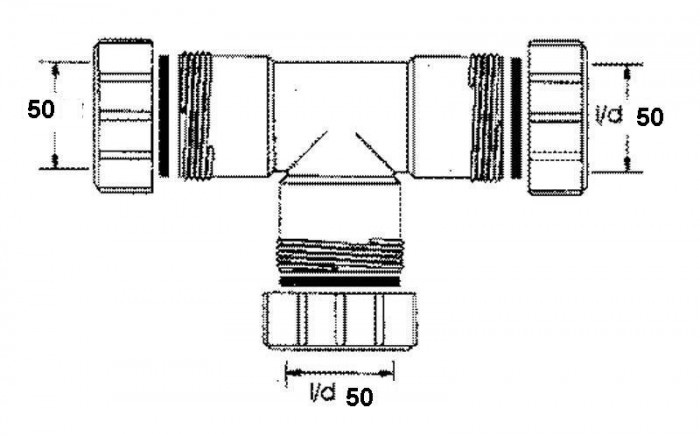 Тройник пластиковый ∅50 с гайками, 50E-WH
