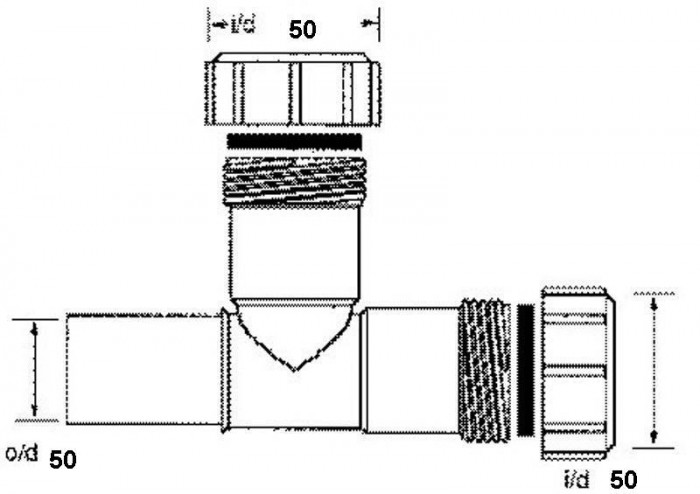 Тройник пластиковый ∅50 с двумя гайками и выходом 50F-WH