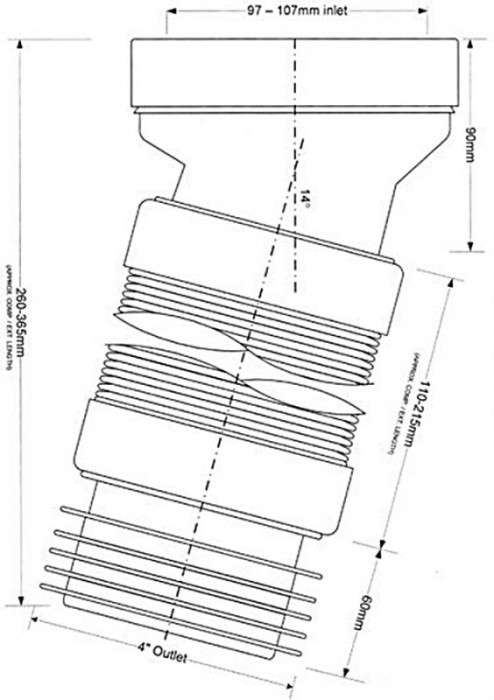 Колено-подключение эластичное к WC под углом 14 с уплотнением (длинное) WC-CON7AF